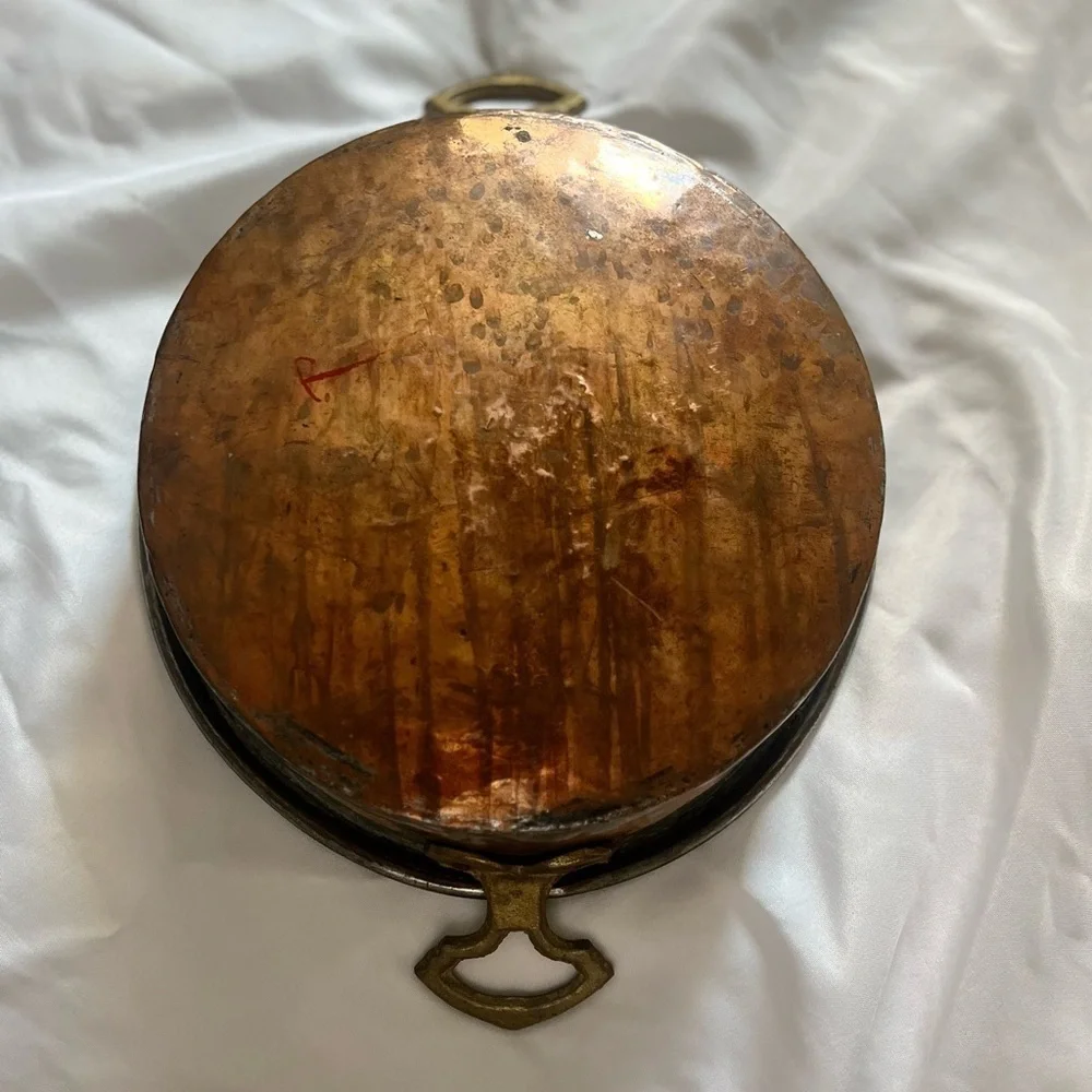Vintage Copper Brass Round Hammered Bottom Pan Double Handles Wall Decor